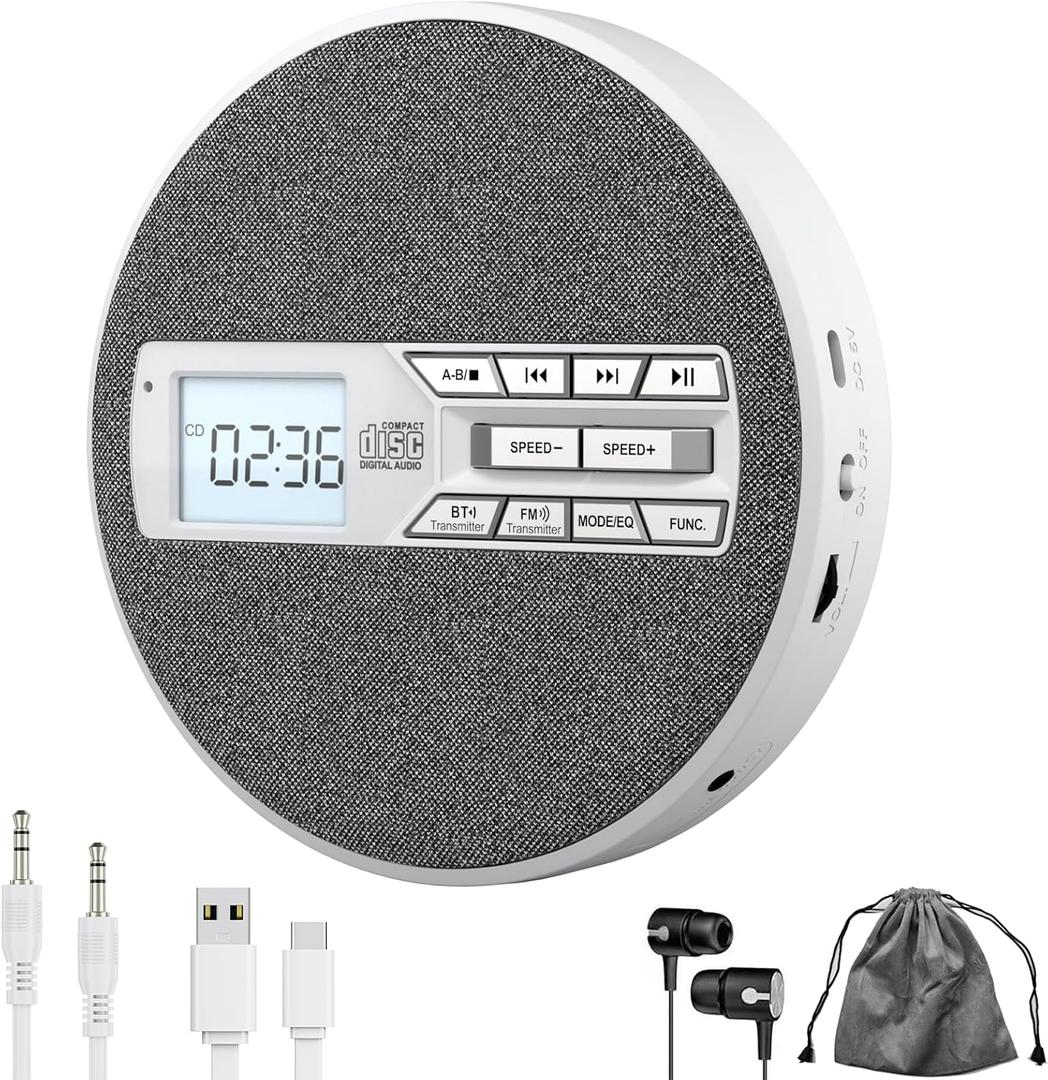CD Player Portable, Rechargeable Portable CD Player with Dual Speakers,Anti Skip,CD,Dual Bluetooth,FM Transmission,USB,AUX,LCD Display,Sensitive Button,Repeat,10 Speeds,Fabric White-Gray