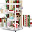 LUCKUP Rolling Wrapping Paper Organizer Cart Gift Wrap Storage with Wheels, 20 Roll Holders, 3 Drawers & Ribbon Dispenser, Craft Organizer for Christmas, Birthdays, White