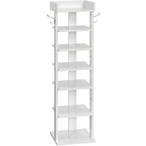HOOBRO Vertical Shoe Rack for Front Door Entryway, 7 Tier Wooden Shoe Storage Organizer with Hooks, Narrow Shoe Tower for 7 Pairs, Space Saving, for Corner, Closet, Bedroom, White WT61XJ01, White 