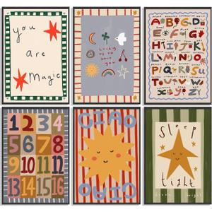6Pcs Colorful Kids Room Wall Art Digital Letter Educational Wall Decor Prints Boho Colorful Stripes Paintings Artwork Star Sun Pictures for Nursery School Home Decoration 12x16in No frame (16L"x12W", Poster)