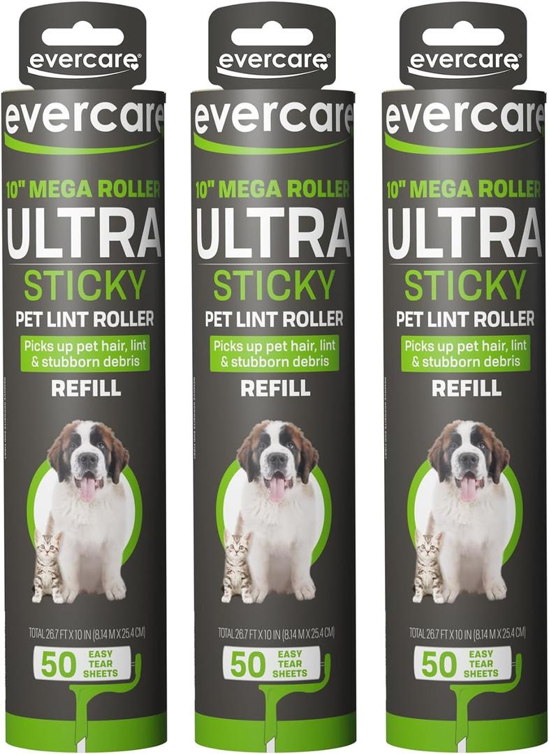Evercare 10 Mega All-Purpose Pet Hair Lint Roller Refills, 3 Pack, 50 Sheets Each  Sticky Roller for Pet Hair, Cat & Dog Hair Remover, Lint Remover, Pet Hair Remover for Furniture, Clothing & Cars (50 Count (Pack of 3))