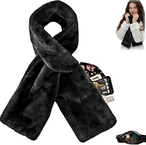 Faux-Fur Pull Through Scarf With Hidden Zipper Pocket for Women, Fur Neck Collar Scarf Cozy Wrap Secure Concealed Storage (Black)