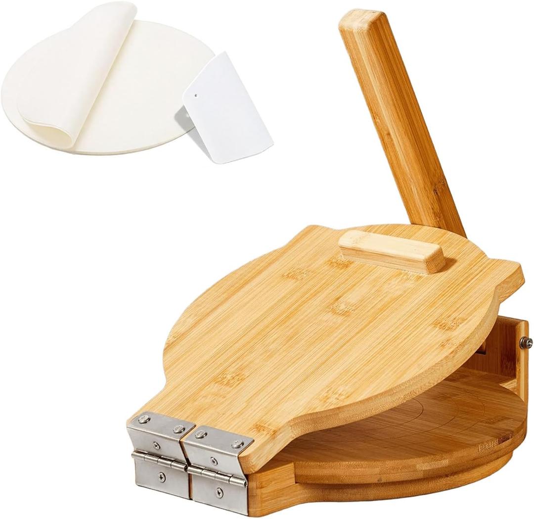 Wooden Tortilla Press 10 Inch - Tortilla Maker Bamboo Prensa para Tortillas with 50 Parchment Paper & Dough Cutter, Mexican Tortillera Press for Homemade Corn Tortillas, Burritos, Taco, Roti