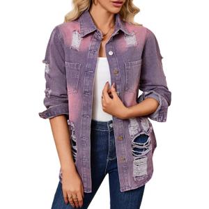 sexycherry Denim Jacket for Women Long Sleeve Classic Trucker Jeans Long Coat Outwear with Pockets (XX-Large, Blue Purple)