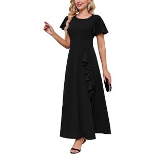 Women's Modest Formal Dresses with Knee Length Side Slit A Line Ruffle Maxi Evening Gowns Short Sleeve for Wedding Guests (Black, M)