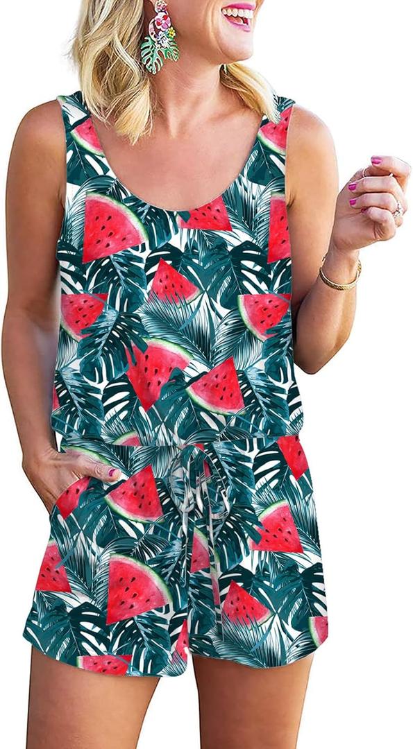 RAISEVERN Womens Rompers Summer Short Jumpsuits Casual Scoop Neck Sleeveless Romper with Pockets (Medium, Green-02)