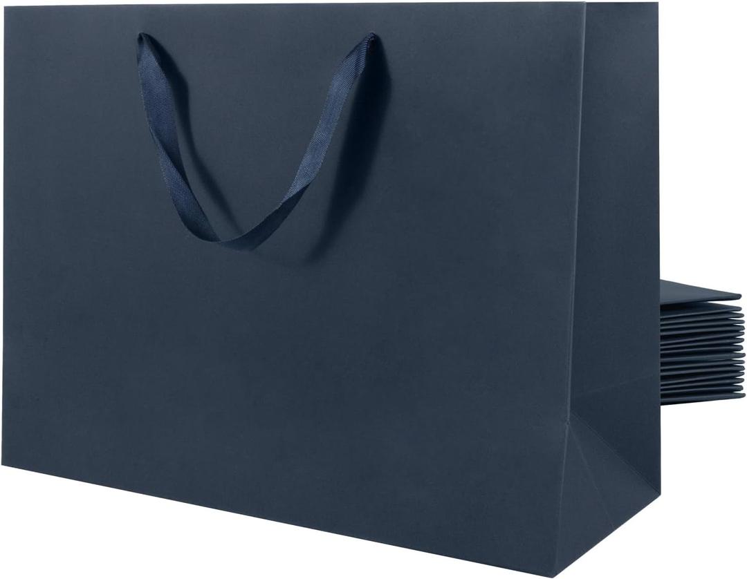 Large Navy Blue Gift Bag with Handles 12 Pack, 17''7''13'' Extra Large Gift Bag with Ribbon Handles, Reusable Heavy Duty Kraft Paper Bags Bulk for Shopping, Wedding, Party, Gift, Retail