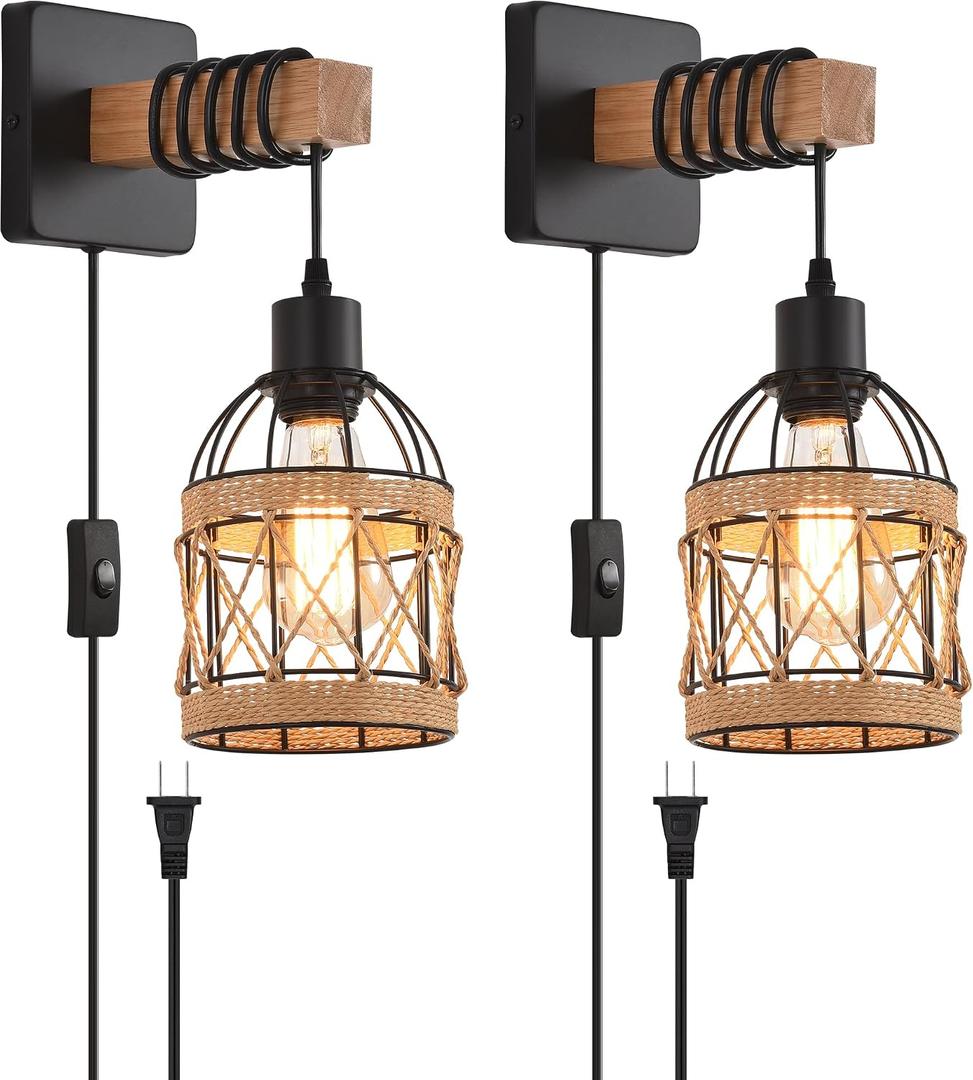 CAFULAM Rustic Wall Sconces Fixtures with Plug in Cord, Set of Two Indoor Vintage Rattan Wall Light Industrial Lamp Fixture Farmhouse Metal Sconces Light for Bedroom Bedside Living Room