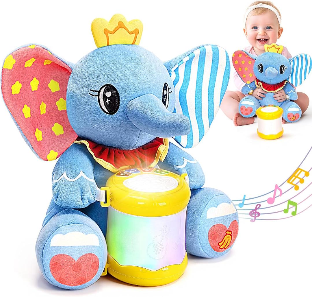 V-Opitos Stuffed Elephant Musical Toys for Baby 6-12 Months+, Early Learning Light up Music Drum, Perfect Christmas Birthday Gifts for Boy & Girl Age 1, 2 Years Old