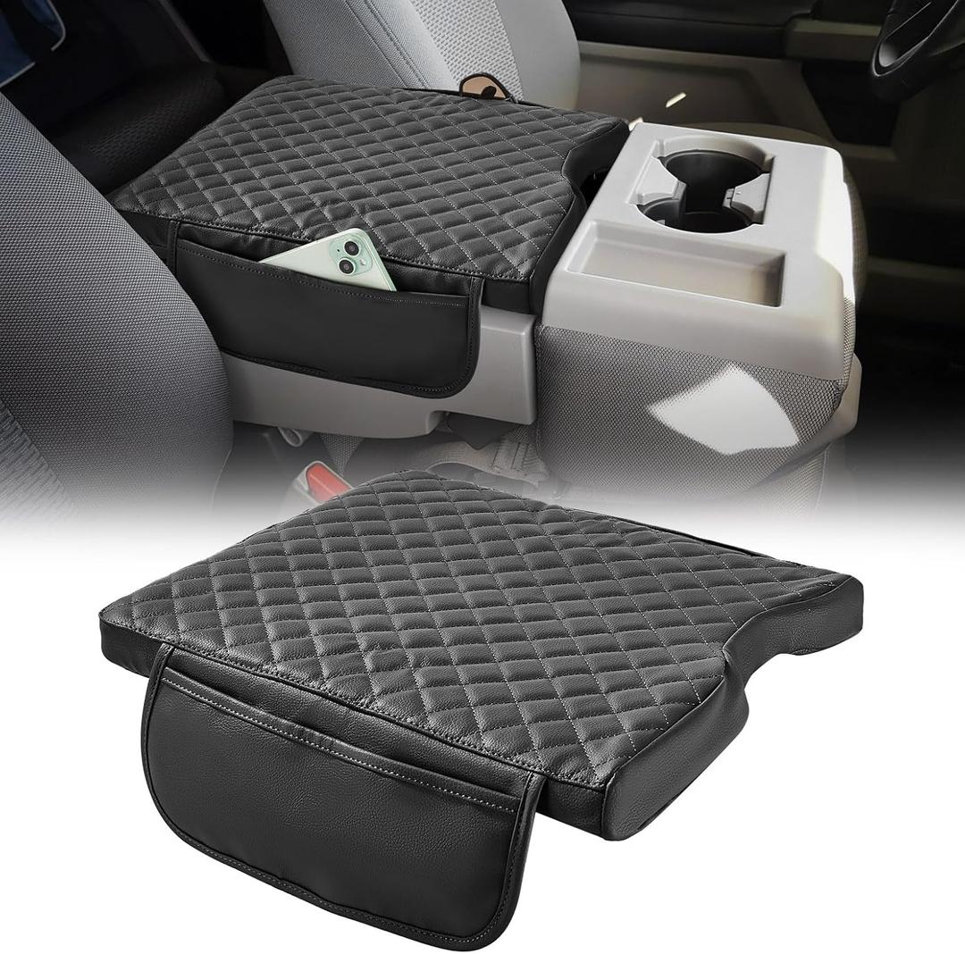 JOYTUTUS Center Console Cover Compatible with 2015-2025 Ford F150, 2017-2025 F250 F350 F450 with 40/20/40 Jump Seat, Leather Armrest Cover Center Console Cushion with Side Pockets (Jump Seat Only) (Black)