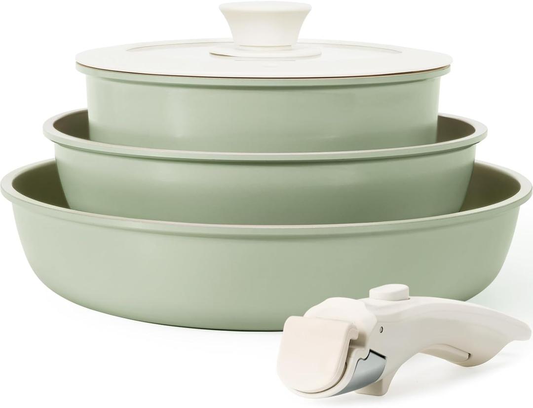 KIKCOIN Pots and Pans Set Nonstick, Ceramic Cookware Set Detachable Handle, Induction Kitchen Cookware Set with Removable Handle, Healthy Non Stick RV Cookware, Dishwasher  Oven Safe, PFOA Free (5 Pieces with 1 Lid/Handle, Green)