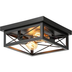 Kondras 2-Light Farmhouse Ceiling Light Fixture, Industrial Square Flush Mount Ceiling Light, Modern Black Metal Hallway Ceiling Lighting Fixture for Kitchen Entryway Living Room Bathroom Porch (1-Pack)