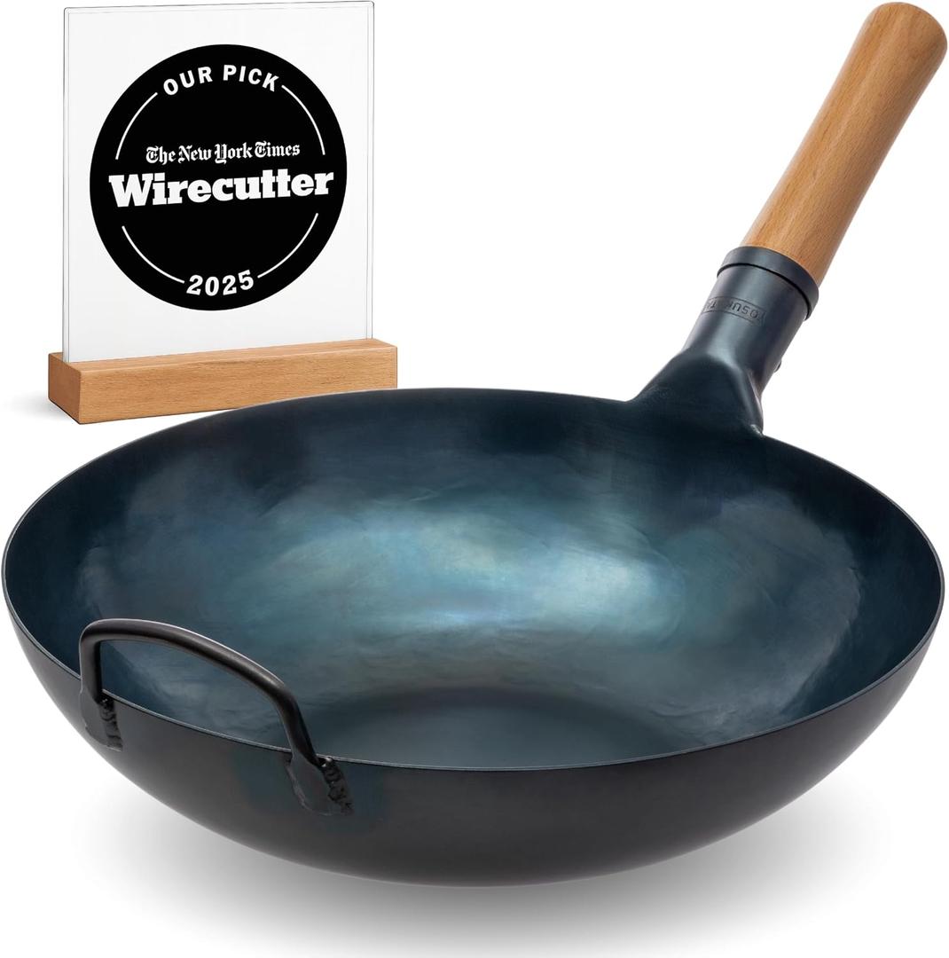 YOSUKATA 13.5 Blue Carbon Steel Wok Pan Pre-Seasoned Flat Bottom Wok Compatible with open fire, gas, electric, ceramic, induction cooktops -Traditional Chinese Pan for Stir Fry, BBQ, Grill, Camping