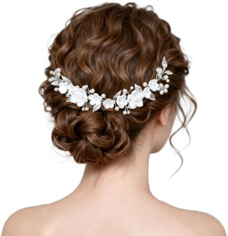 Avxdbr Bride Wedding Hair Vine Floral Head Piece Pearls Handmade Hair Piece Rhinestone Headband for Women for Wedding Engagement Party Pack Of 4