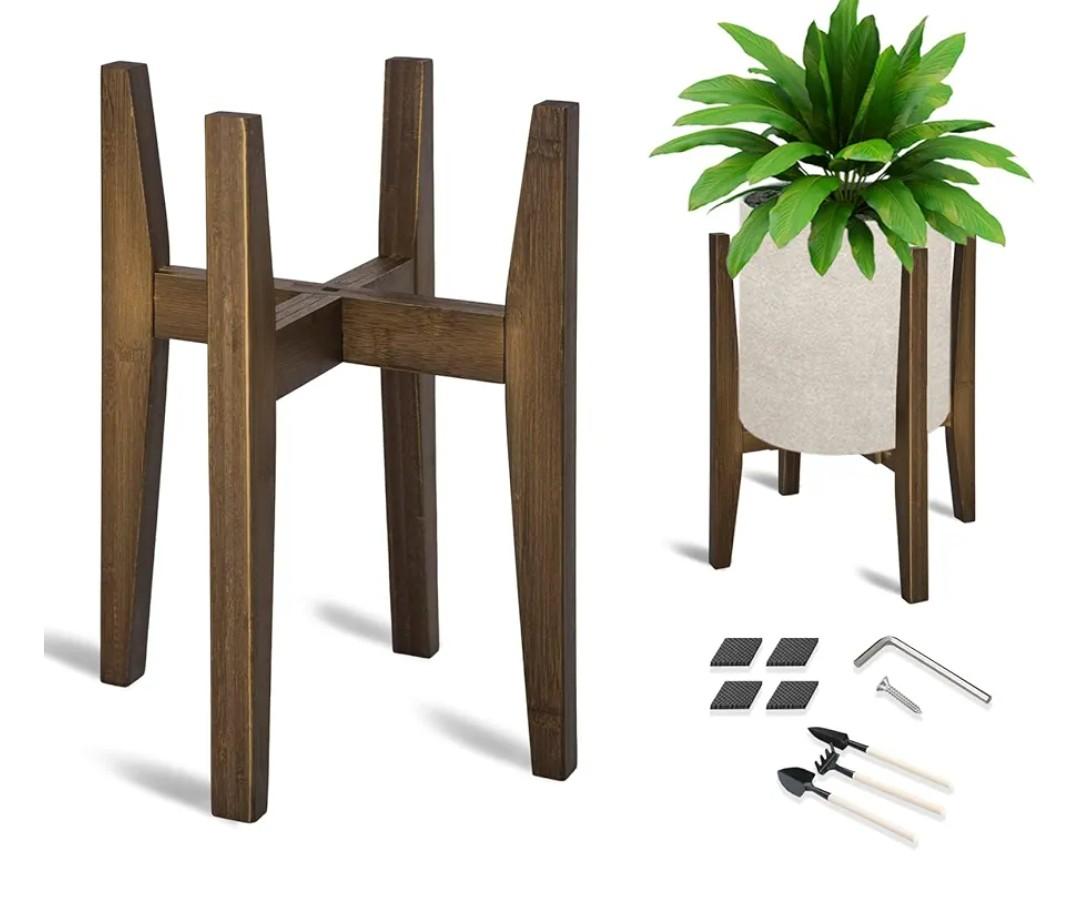 OERGKE Adjustable Plant Stand, Bamboo Mid Century Modern Indoor Plants Stands, Corner Flower Holder for Living Room, Fits 8 to 12 Inches Pots, (Pot & Plant Not Included)(Walnut, 1 Pack)