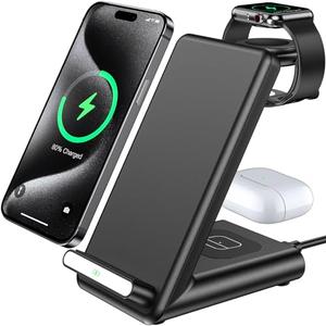 Wireless Charging Station,3 in 1 Charging Stand Made for Apple Watch Ultra 11 10 9 8 7 6 SE 5 4 3,Fast Wireless Charger Made for iPhone 17/Air/16/15/14/13/12,for AirPods Pro(with Adapter) (Black)