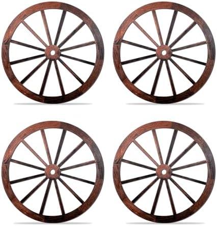 4 Pcs Wooden Wagon Wheel Wall Decor 10 Inches Old Western Wall Art Boho Farmhouse Wagon Wheels Vintage Wood Garden Wagon Wheel for Yard Decor Garden Home Bar Garage Decorative