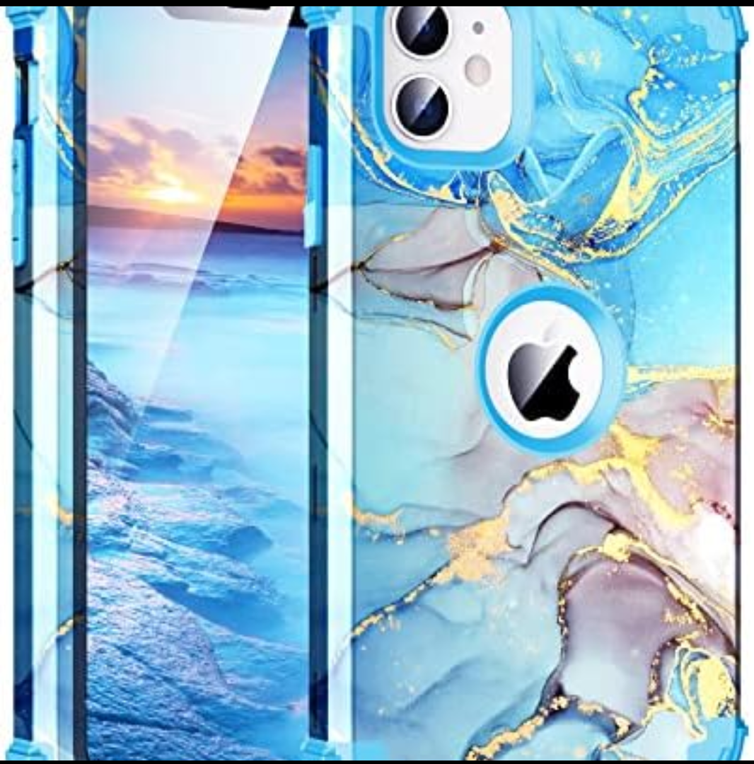 BQQFG for iPhone 12 Case,Marble Design Three Layer Heavy Duty Shockproof Hybrid Hard Plastic Bumper Soft Silicone Rubber Drop Protective Cover Case for iPhone 12 6.1",Blue