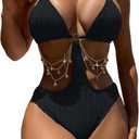 OYOANGLE Women's Ring Linked Cut Out One Piece Swimsuits Textured Tie Backless Halter Bathing Suit Monokini (Black)
