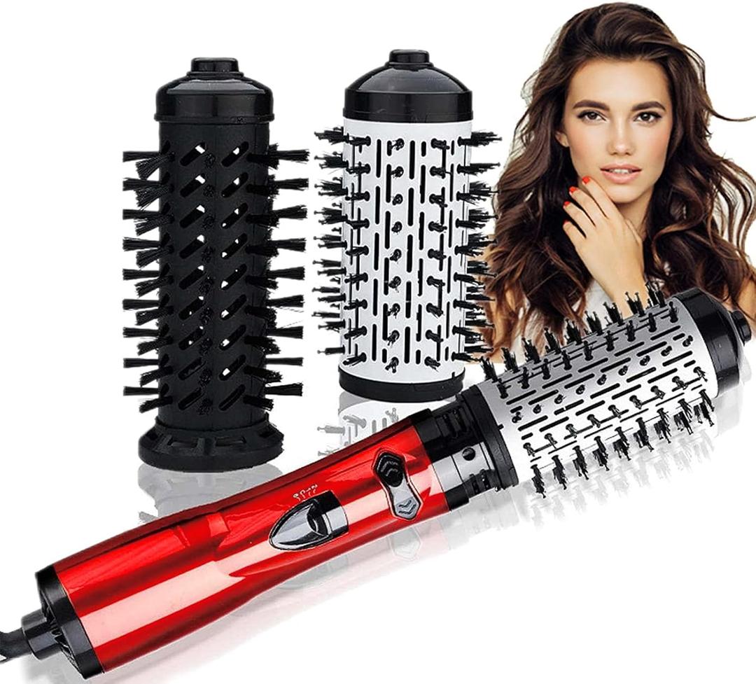 3 in 1 Hot Air Styler and Rotating Hair Dryer Hair Dryer and Blow Dryer Brush in One 2 Interchangeable Brushes for Dry and Wet Hair, Auto Rotating Curling Hot Hair Brush (Red)