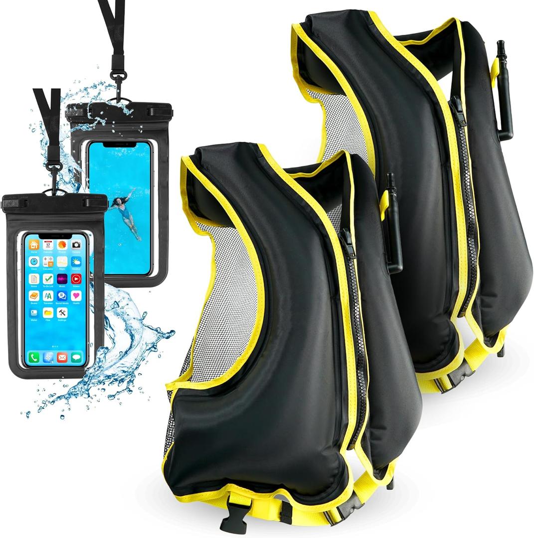 2 Inflatable Snorkel Vests for Adults with 2 Waterproof Phone Cases  Adjustable Snorkeling Vests  68-220 lbs  Kayaking, Swimming, Paddle Boarding