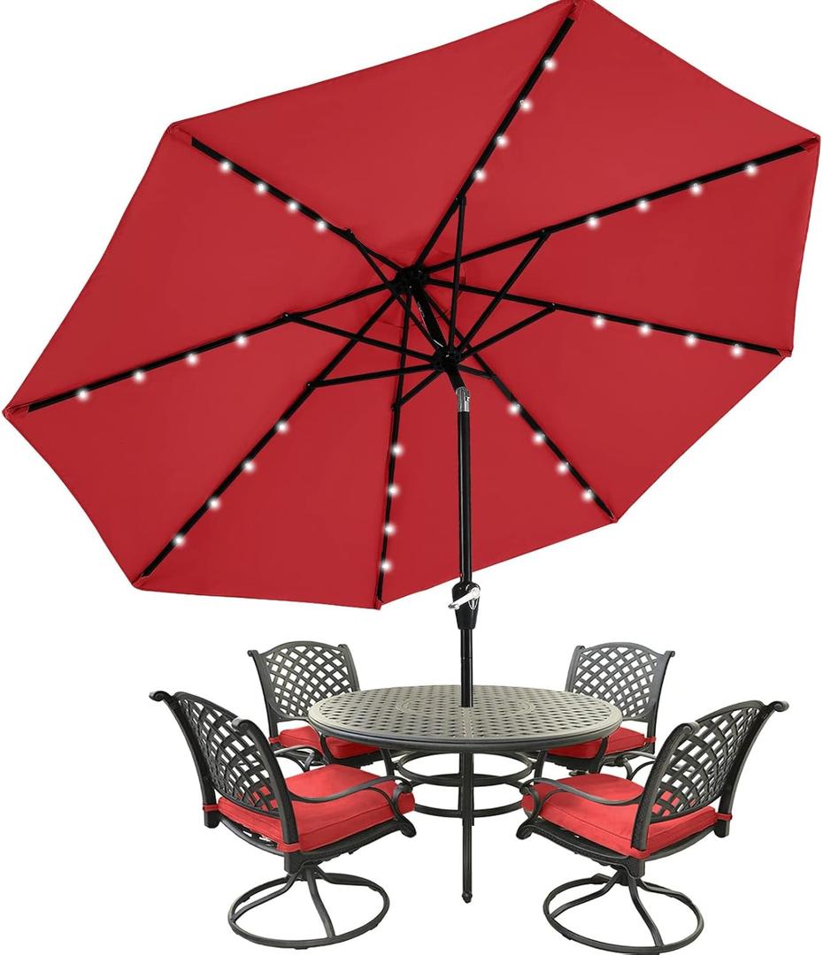 MASTERCANOPY Patio Umbrella with 32 Solar LED Lights -8 Ribs (11ft,Red)