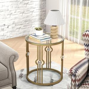 OIOG Glass End Table, Living Room Side Table with Tempered Glass & Metal Frame, Gold Side Table for Bedroom Office