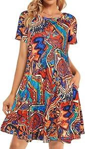 Elescat Summer Dresses for Women Casual Short Sleeve Cocktail Loose Round Neck Sundress Beach Cover Up with Pockets(Vintage Painting, L)