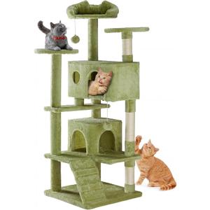 DUMOS 54-inch Cat Tree Tower with Scratching Posts, Indoor Use
Multi-Level Pet House for Large Cats with 2 Condos, Round Platform, Small Ladder and Toys, Green