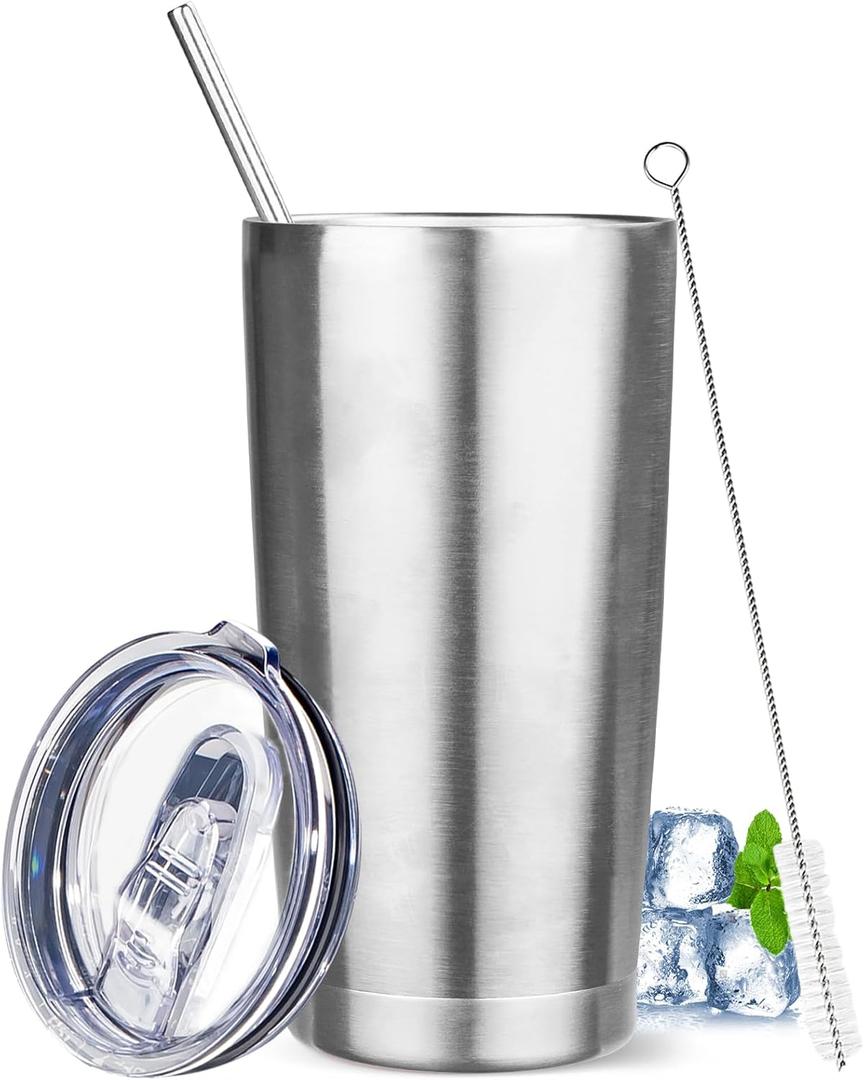 20 oz Tumbler with Lids and Straws, Stainless Steel Insulated Travel Coffee Mug, Double Wall Vacuum Insulated Tumblers, Powder Coated Coffee Tumbler for Cold & Hot Drinks (Silver)