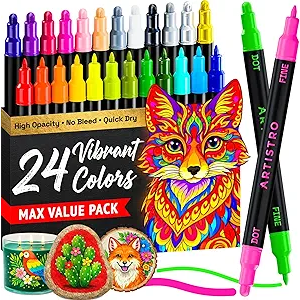 ARTISTRO 24 Precision DualTip Acrylic Paint Markers – Paint Pens Set with Dot & Fine Tips for Fabric, Rock, Glass, Wood, Coloring Books – Classroom & Art Supplies Gift – Teacher Appreciation Gift