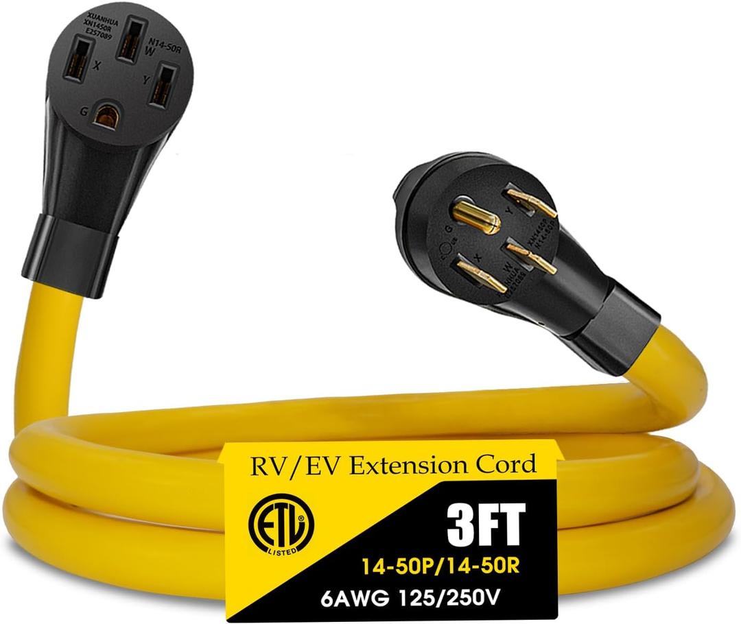 50 Amp RV/EV Extension Cord, 4 Prong NEMA 14-50P to 14-50R 50F/50M Cable Suit for RV Trailer Campers, Tesla Model 3-S-X-Y, Heavy Duty STW with Cord Organizer, ETL Listed (3 FT)