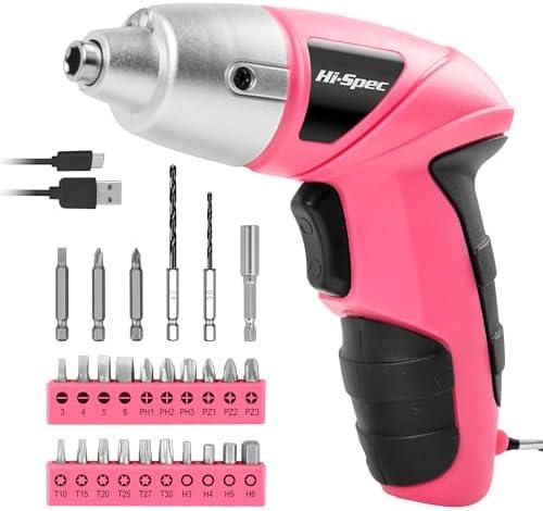 Hi-Spec Electric Screwdriver 27pc 3.6V Pink USB Small Power Screwdriver Set. Cordless & Rechargeable with Driver Bit Set