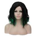 BERON 14" Women Girls Short Curly Bob Wavy Wig Synthetic Heat Resistant with Wig Cap (Black Mixed Green)