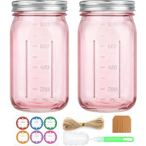 CARBLIN 2 Pack Mason Jars 32 oz, Wide Mouth Canning Jars with Airtight Lids, Glass Pint Jars with Bands Labels Brush, Large Storage Quart Jars for Jam Fermenting Preserving - Pink