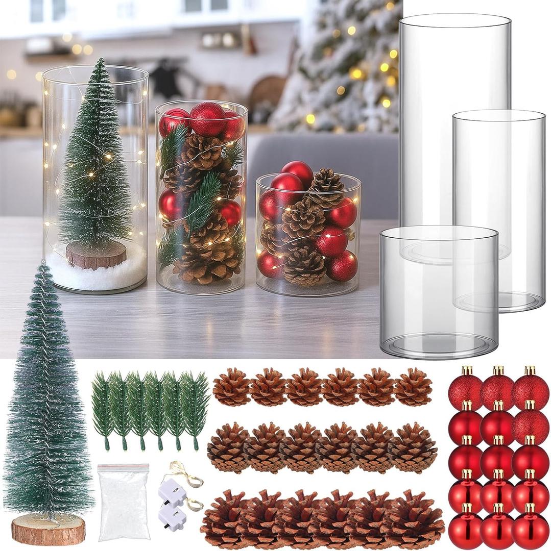 47 PCS Lighted Christmas Table Centerpiece Decor DIY Set Include 3 Cylinder Vases Xmas Balls Bottle Brush Tree Pine Cone Pine Branch Light Fake Snow for Xmas Party Dining Table Decoration