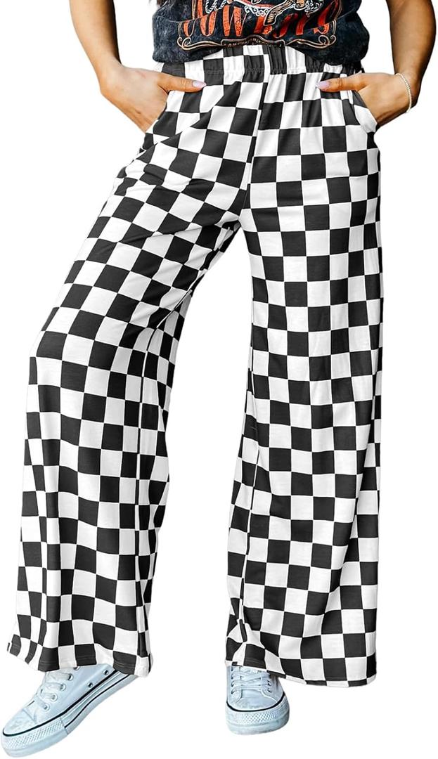 Acelitt Womens Casual Checkered Pants Elastic Waist Comfy Loose Wide Leg Pants with Pockets (Small, Black and White)