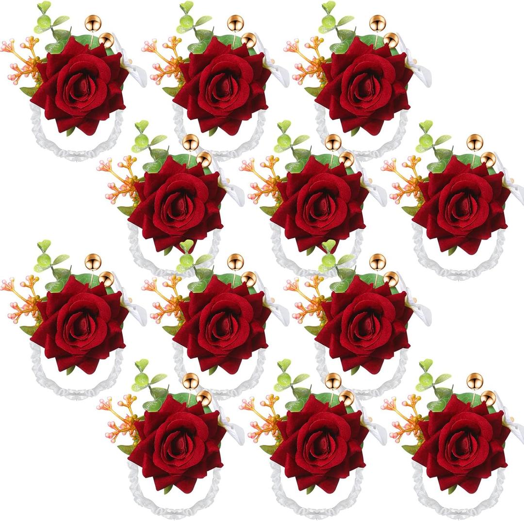 Sherr Set of 12 Rose Wrist Corsages for Wedding Corsage Flower Wristlet Floral Wedding Wrist Bridal Rose Leaf Hand Flowers for Bride Bridesmaid Prom Engagement Festival(Wine Red)