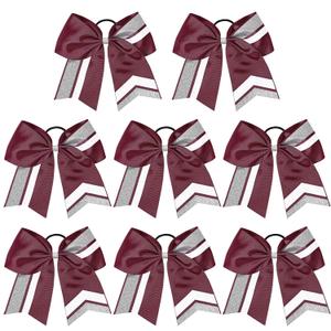 8PCS Cheer Bows Bulk Glitter Cheerleading Bows Girls Hair Bows Maroon Silver Cheer Bows Elastic Band Ponytail Holder for Cheerleaders Teen Girls College Sports Competition