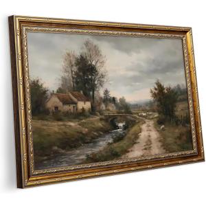Vintage Country Cottage Canvas Wall Art(Countryside Wall Art, 16x24in, Framed) Rustic Countryside Stream And Stone Bridge Oil Painting Artwork For Living Room Bedroom Farmhouse Home Wall Decor