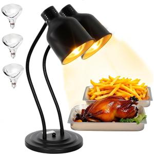 JOHAKYU Food Heat Lamp, 2-Head Adjustable Food Warming Lamp with 3 Bulbs | Stainless Steel Catering Heating Light for Restaurants, Kitchens & Buffets - Black