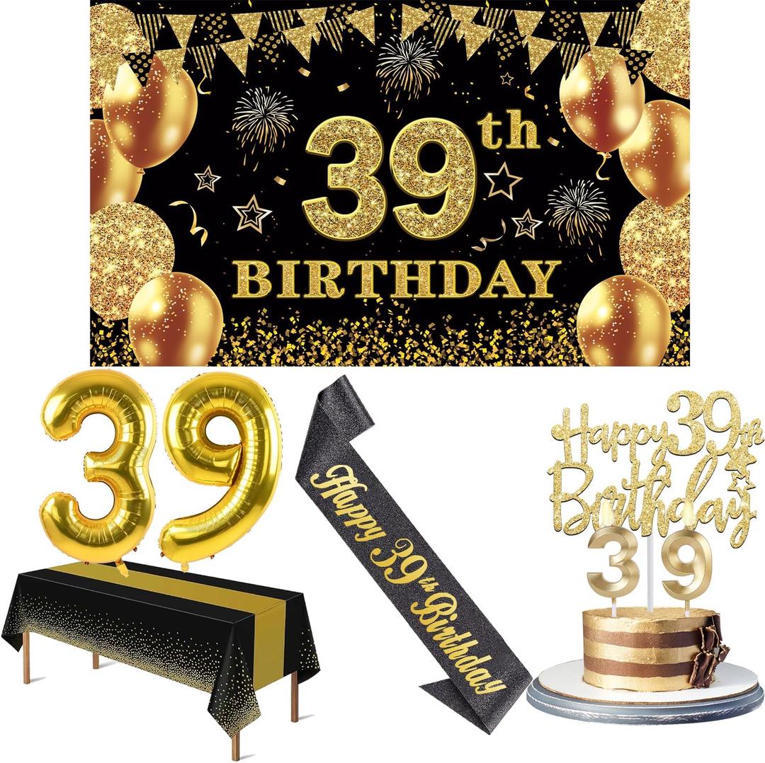 39th Birthday Decorations Men Women with 39th Birthday Banner, Black and Gold Table Cloth, Number Balloons, Large Sash, Cake Topper and Candles