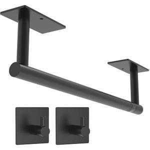 Paper Towel Holder Under Cabinet, Self Adhesive or Wall Mounted SUS304 Stainless Steel Paper Towel Holder for Kitchen, Bathroom(2 Towel Hooks, Matte Black)