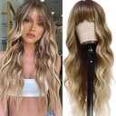 Vomella Dirty Blonde Wig with Bangs 26 Inch Long Curly Wavy Wigs for Women Natural Looking Synthetic Heat Resistant Wig for Daily Party Use