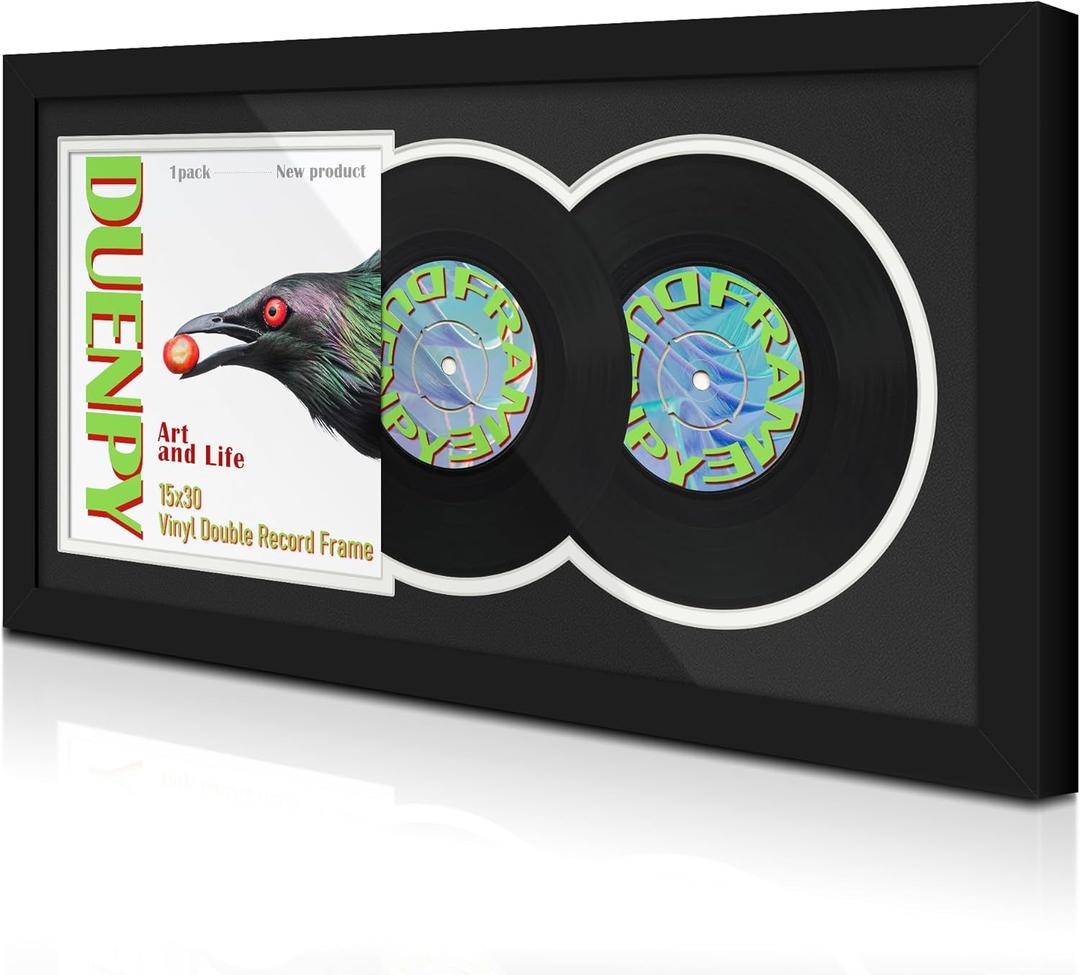 DUENPY Vinyl Record Display Frame 15.1x30 Inches Display Record Album and 12.5x12.5 Album Cover Art Wall Mount Black White Mat