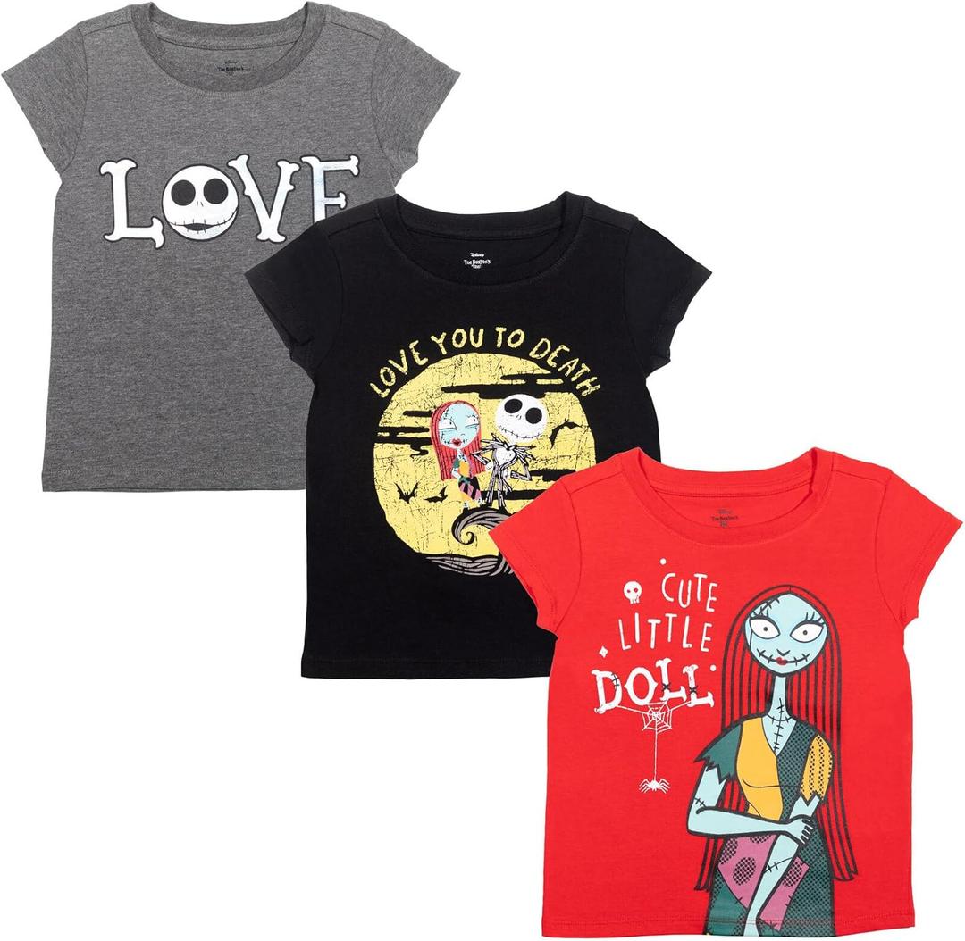 Disney Nightmare Before Christmas Girls 3 Pack T-Shirts Toddler to Big Kid (6-6X, Gray/Black/Red)