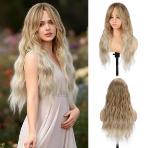 BrittyHair Long Wavy Ombre Ash Blonde Wig with Curtain Bangs for Women 26 Inch Curly Wavy Synthetic Wigs Natural Looking Heat Resistant Synthetic Wavy Wig for Daily Party Halloween Cosplay Use