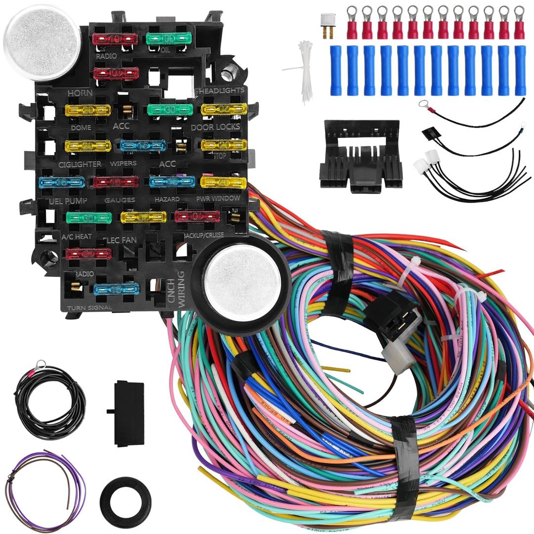 Universal 21 Circuit Wiring Harness Kit, Universal Extra Long Wire 21 Circuit Wiring Harness Standard Color 17 Fuses for GM Chevy Chrysler Dodge Ford Hotrods Plymouth Mopar Mercury Ratrods