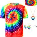 Hippie Costume for Men 60s 70s Colorful T-Shirt Outfits 4 PCS Accessories Set for Theme Party,130