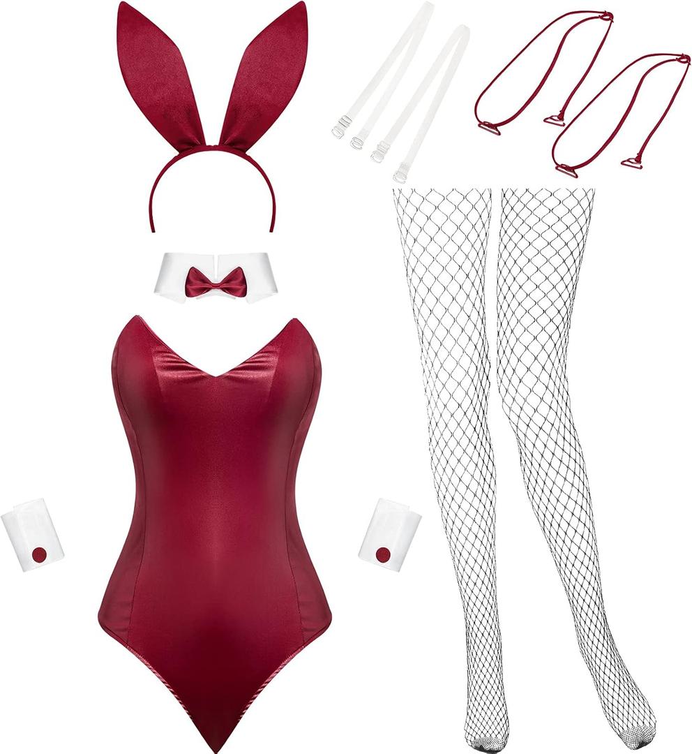 Geyoga Anime Women Bunny Costume Bunny Outfit Halloween Cosplay Bodysuit Role Costume Bunny Headband Stocking Set (Small, Wine Red)
